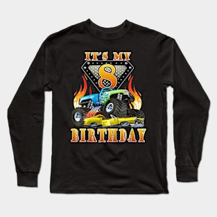 Kids Monster Truck 8 Year Old Shirt 8Th Birthday Boy Monster Car Long Sleeve T-Shirt